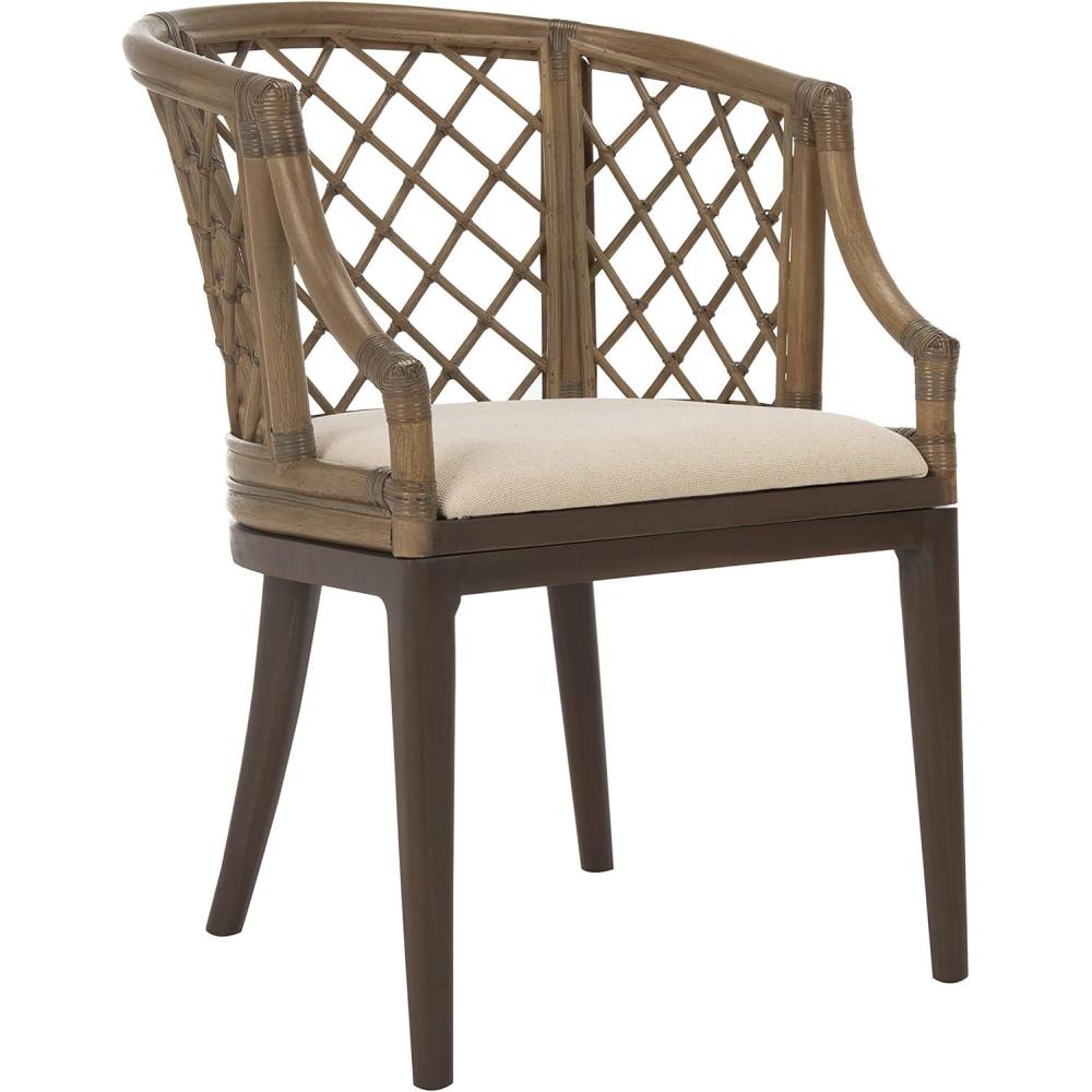 image:imageSAFAVIEH Home Collection  Carlotta Natural Rattan Arm Chair with White Cotton Cushion Coastal Bistro Accent Chair for Dining Living Room Bedroom or Office SEA4013BGreige  White