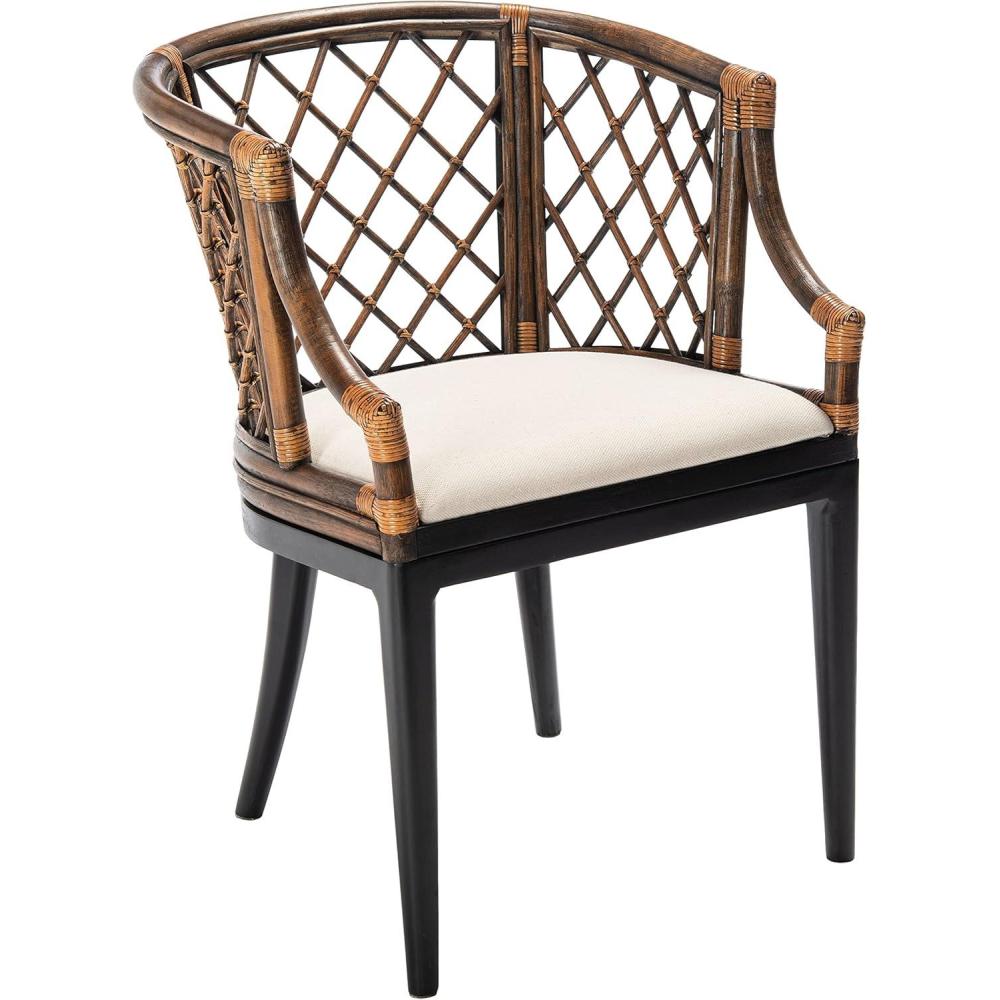 image:imageSAFAVIEH Home Collection Carlotta Natural Rattan Arm Chair with White Cotton Cushion Coastal Bistro Accent Chair for Dining Living Room Bedroom or Office SEA4013BBrown Black
