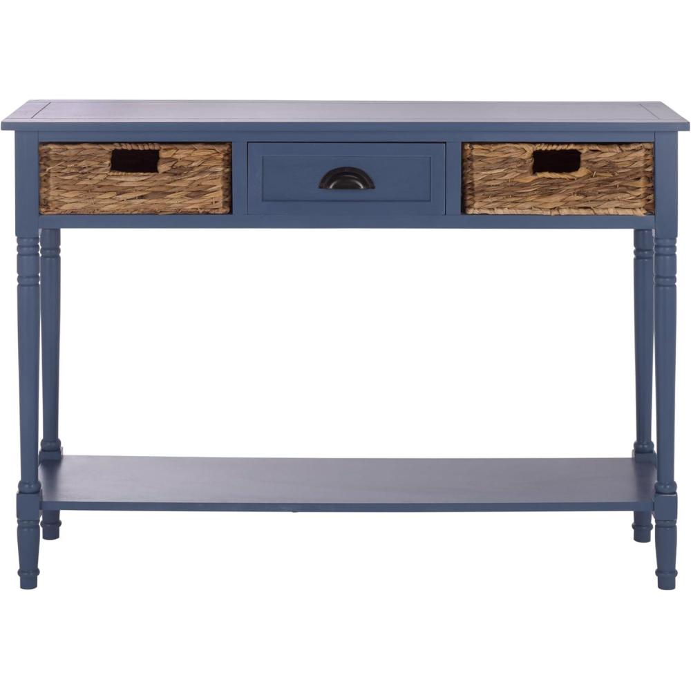 image:imageSAFAVIEH Home Collection Christa Entryway Console Table Blue Solid Wood 3Drawer Storage Sofa Table with Rattan Baskets AMH5737HBlue