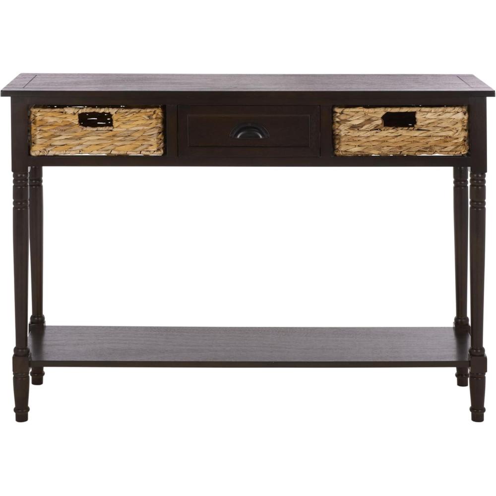 image:imageSAFAVIEH Home Collection Christa Entryway Console Table Blue Solid Wood 3Drawer Storage Sofa Table with Rattan Baskets AMH5737HDark Chocolate