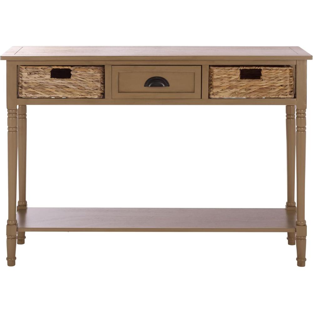 image:imageSAFAVIEH Home Collection  Christa Entryway Console Table Blue Solid Wood 3Drawer Storage Sofa Table with Rattan Baskets AMH5737HDesert Brown