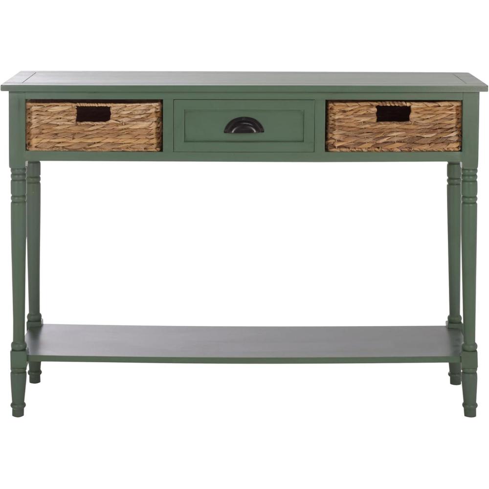 image:imageSAFAVIEH Home Collection Christa Entryway Console Table Blue Solid Wood 3Drawer Storage Sofa Table with Rattan Baskets AMH5737HDusty Green
