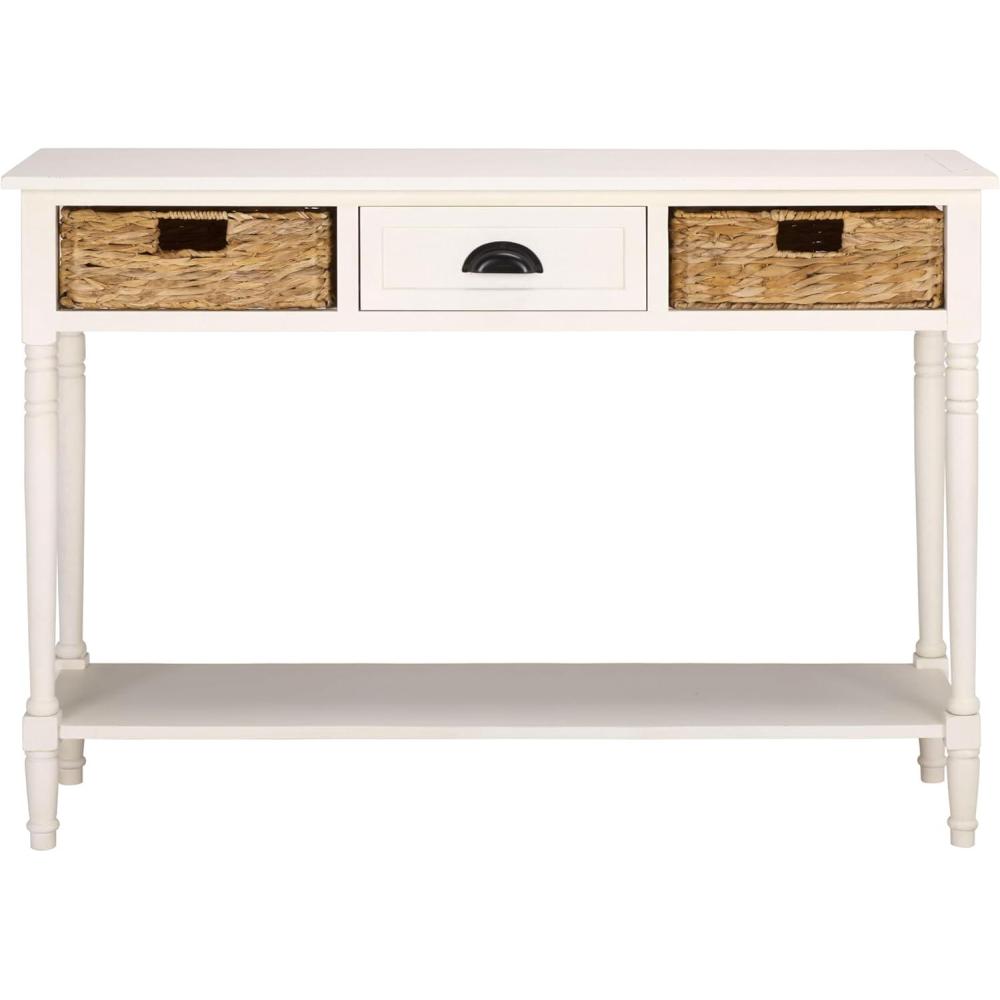 image:imageSAFAVIEH Home Collection Christa Entryway Console Table Blue Solid Wood 3Drawer Storage Sofa Table with Rattan Baskets AMH5737HIvory