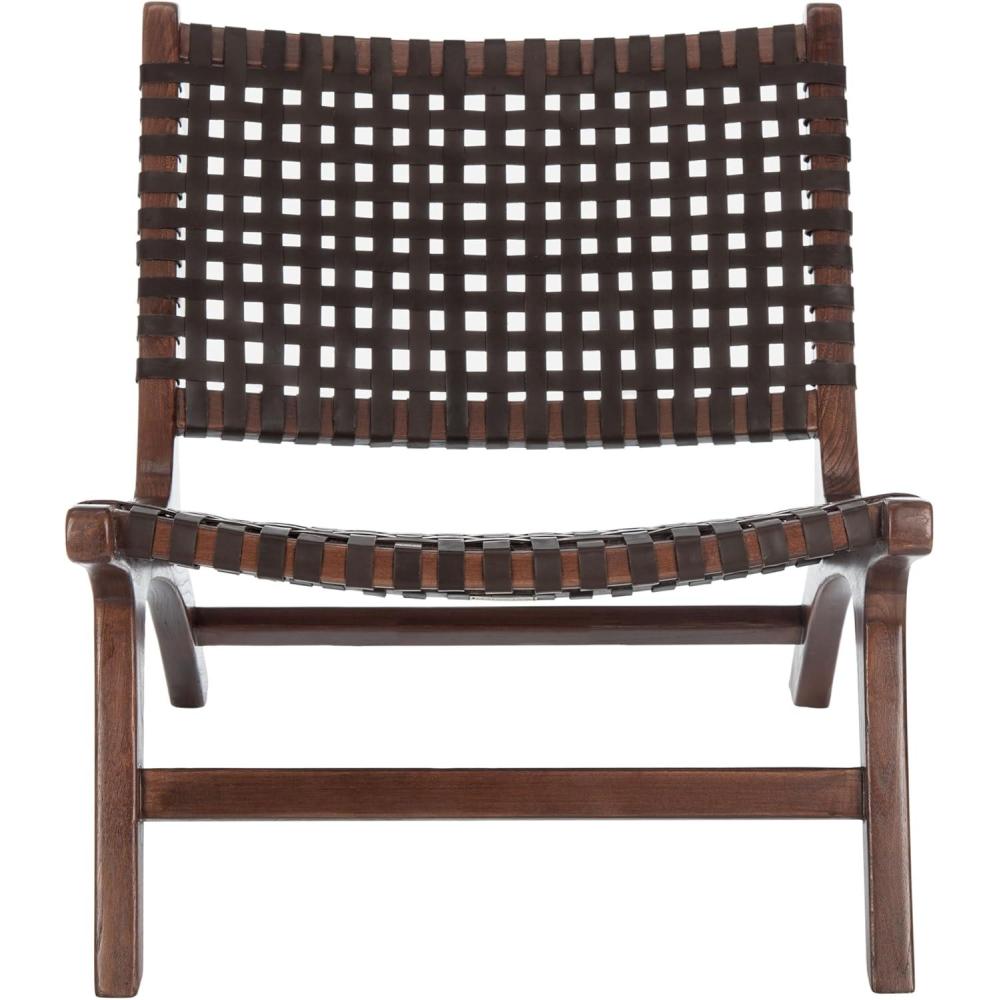 image:imageSAFAVIEH Home Collection Luna Brown amp Cognac Leather Woven Accent Chair Solid Wood Frame Contemporary Lounge Chair Fully Assembled ACH1002BBrown Brown