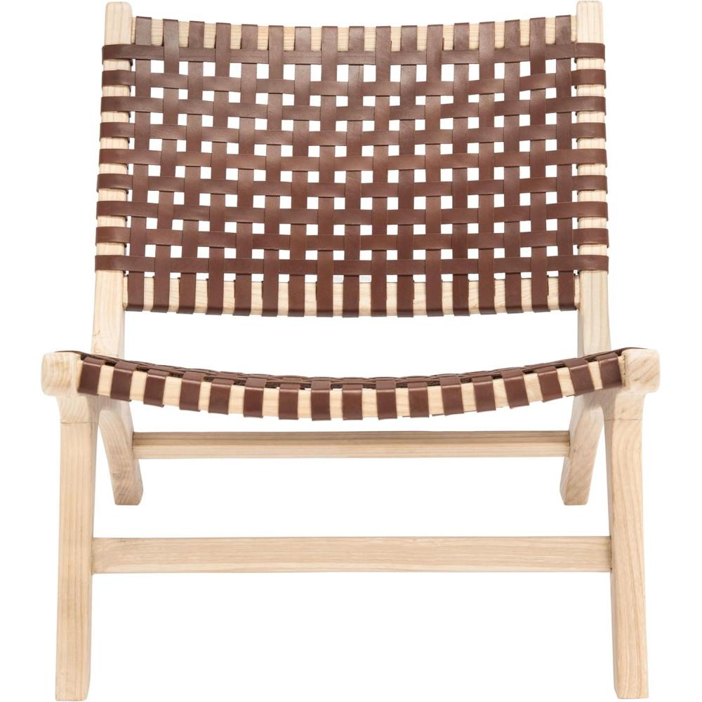 image:imageSAFAVIEH Home Collection  Luna Brown amp Cognac Leather Woven Accent Chair Solid Wood Frame Contemporary Lounge Chair Fully Assembled ACH1002BCognac  Natural