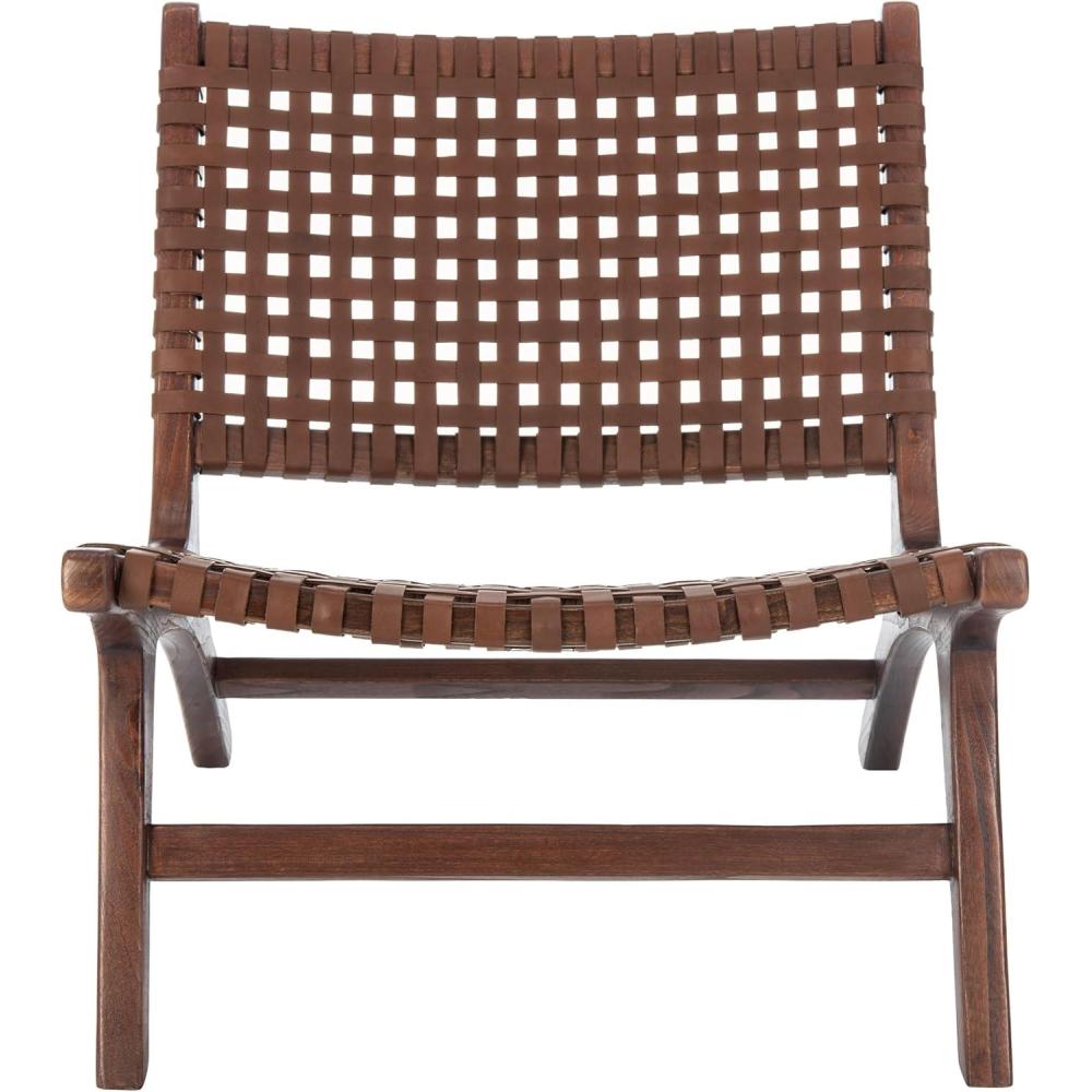 image:imageSAFAVIEH Home Collection Luna Brown amp Cognac Leather Woven Accent Chair Solid Wood Frame Contemporary Lounge Chair Fully Assembled ACH1002BCognac Brown