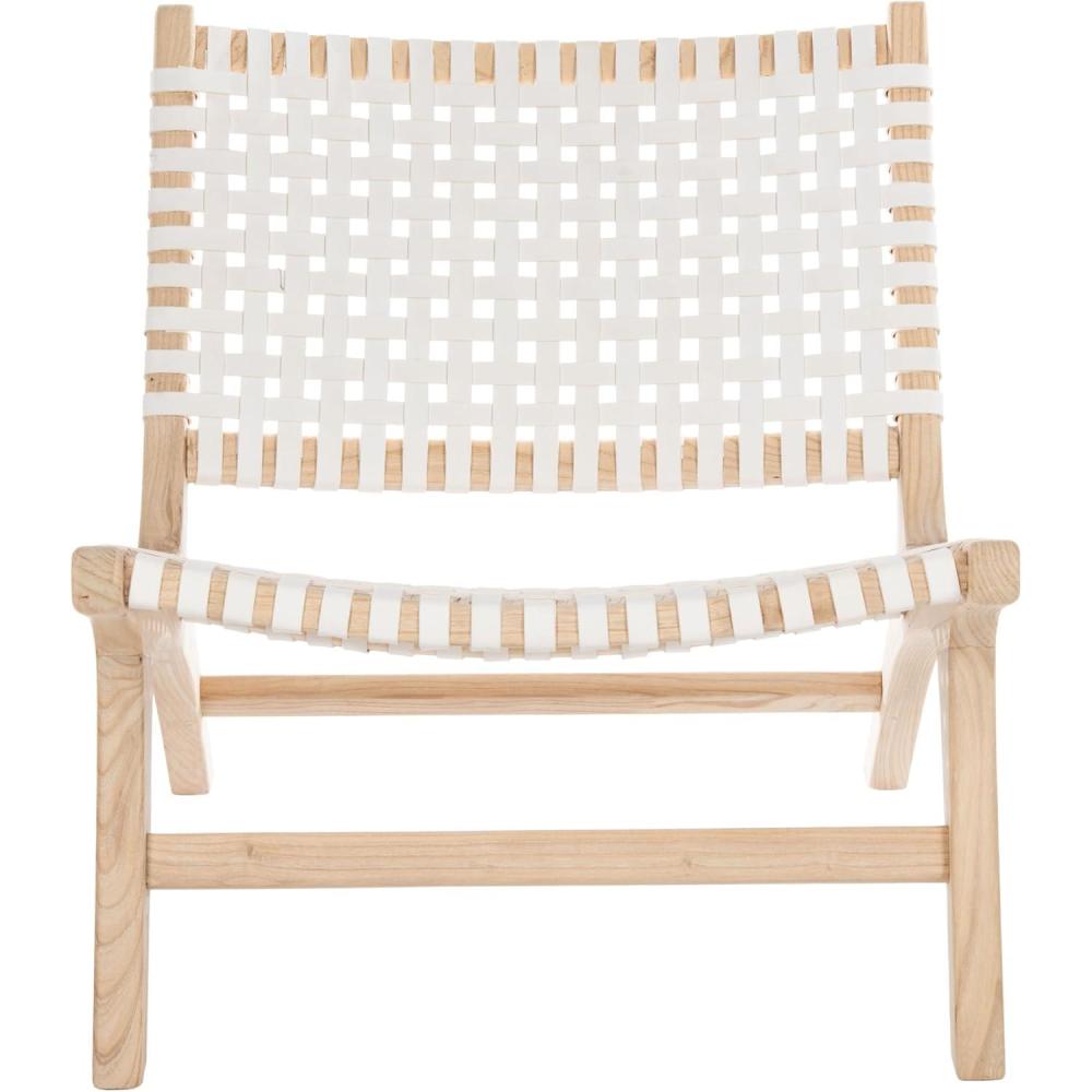 image:imageSAFAVIEH Home Collection Luna Brown amp Cognac Leather Woven Accent Chair Solid Wood Frame Contemporary Lounge Chair Fully Assembled ACH1002BWhite Natural