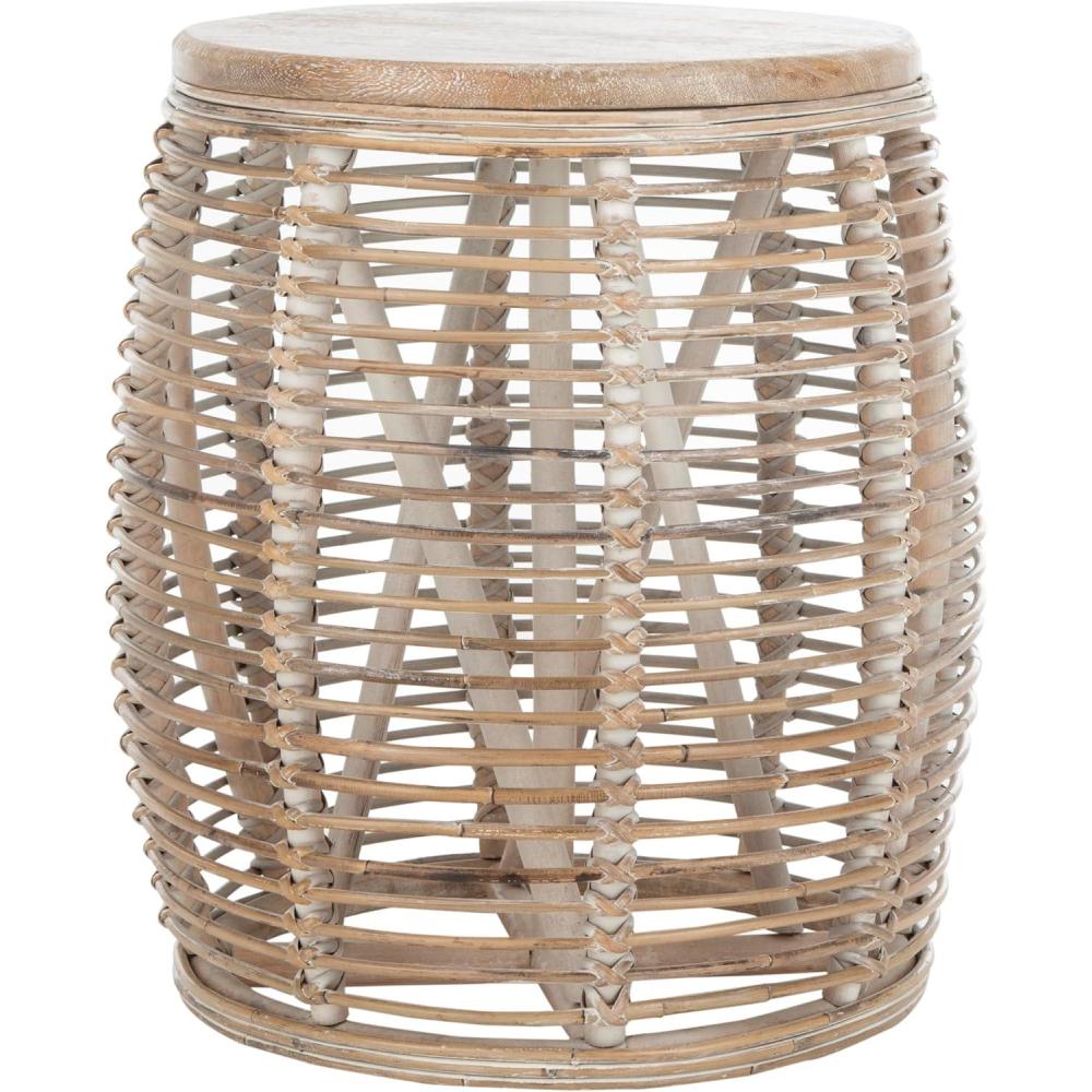 image:imageSAFAVIEH Home Collection Maui Honey Brown Wash Rattan Drum Accent Table Fully Assembled Coastal Modern Design STL6500BWhite Washed