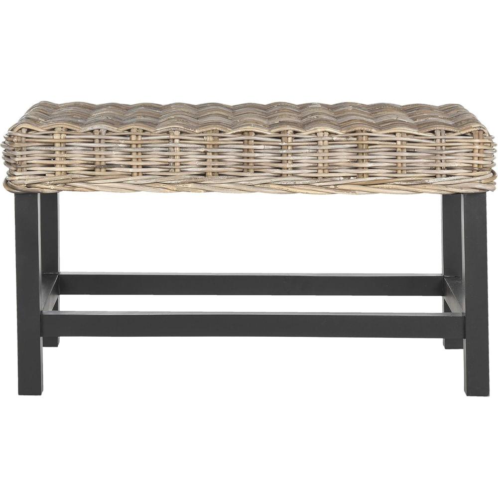 image:imageSAFAVIEH Home Collection  Omari Natural Wicker Accent Bench with Mahogany Legs Casual Transitional Seating for Entryway Bedroom or Living Room Fully Assembled SEA7014A