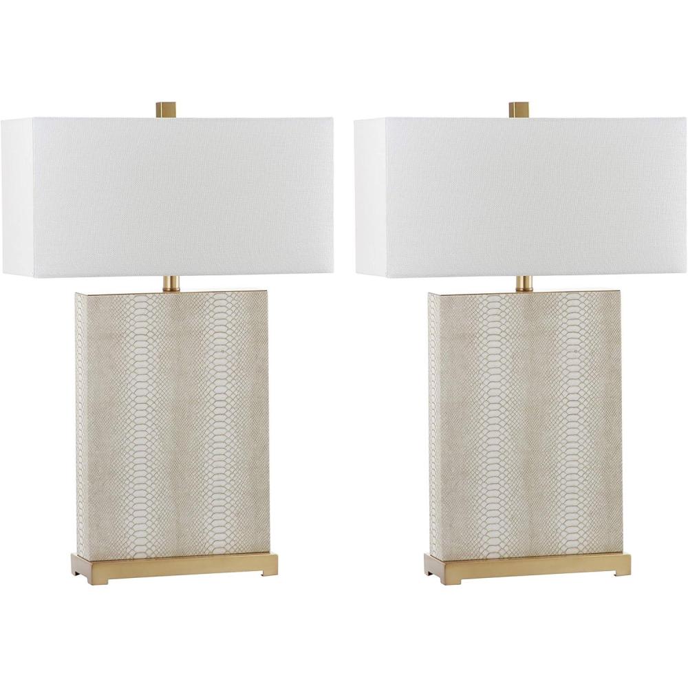 image:imageSAFAVIEH Lighting Collection Set of 2 Joyce Modern Art Deco Faux Snakeskin Table Lamps Cream with Brass Gold Accents 28Inch LED Bulbs Included Bedroom Living Room Home Office LIT4402GSET2Cream Faux Snakeskin Set of 2