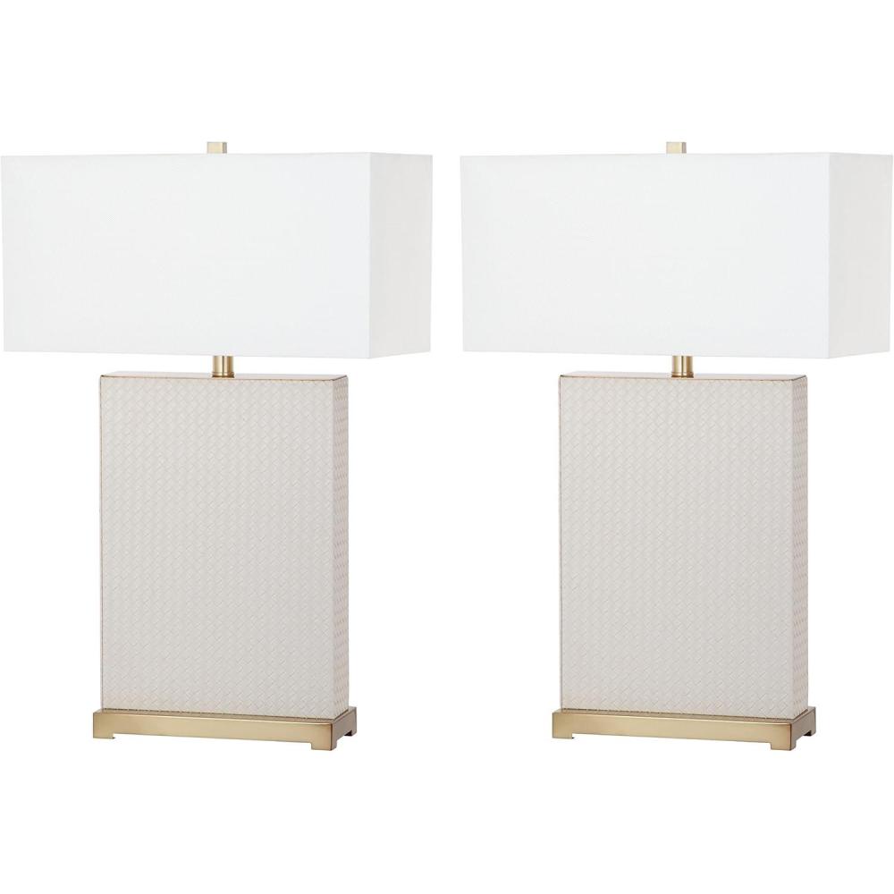 image:imageSAFAVIEH Lighting Collection Set of 2 Joyce Modern Art Deco Faux Snakeskin Table Lamps Cream with Brass Gold Accents 28Inch LED Bulbs Included Bedroom Living Room Home Office LIT4402GSET2Cream Woven Set of 2