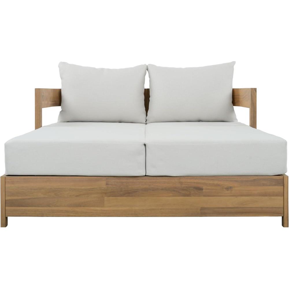 image:imageSAFAVIEH Outdoor Kento Daybed Oak Solid Wood amp Ivory Cushion Weather Resistant Ideal for Deck Patio Backyard 516 W x 634 D x 232 H PAT7100BOakIvory