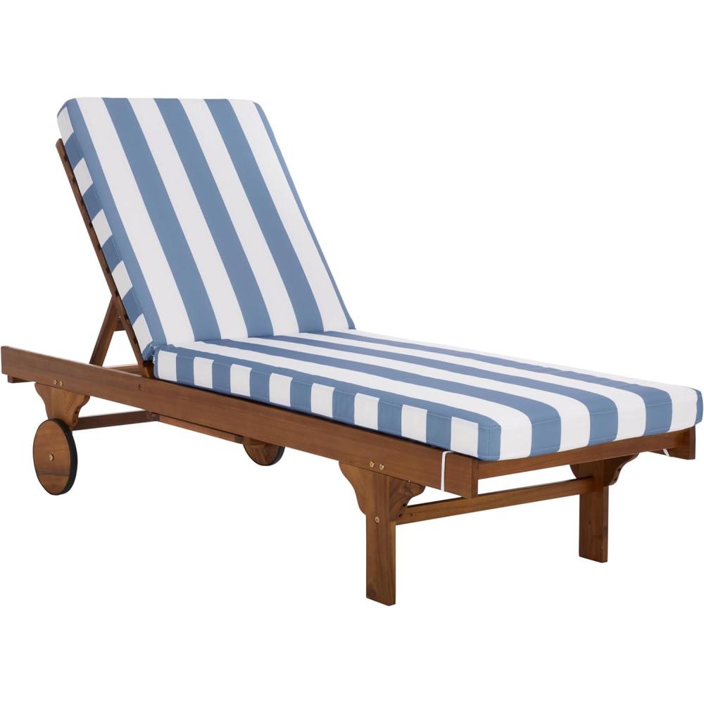 image:imageSAFAVIEH Outdoor Collection Newport NaturalBeige Cushion Black Piping Chaise Lounge Chair with Side TableNaturalBaby Blue Stripe
