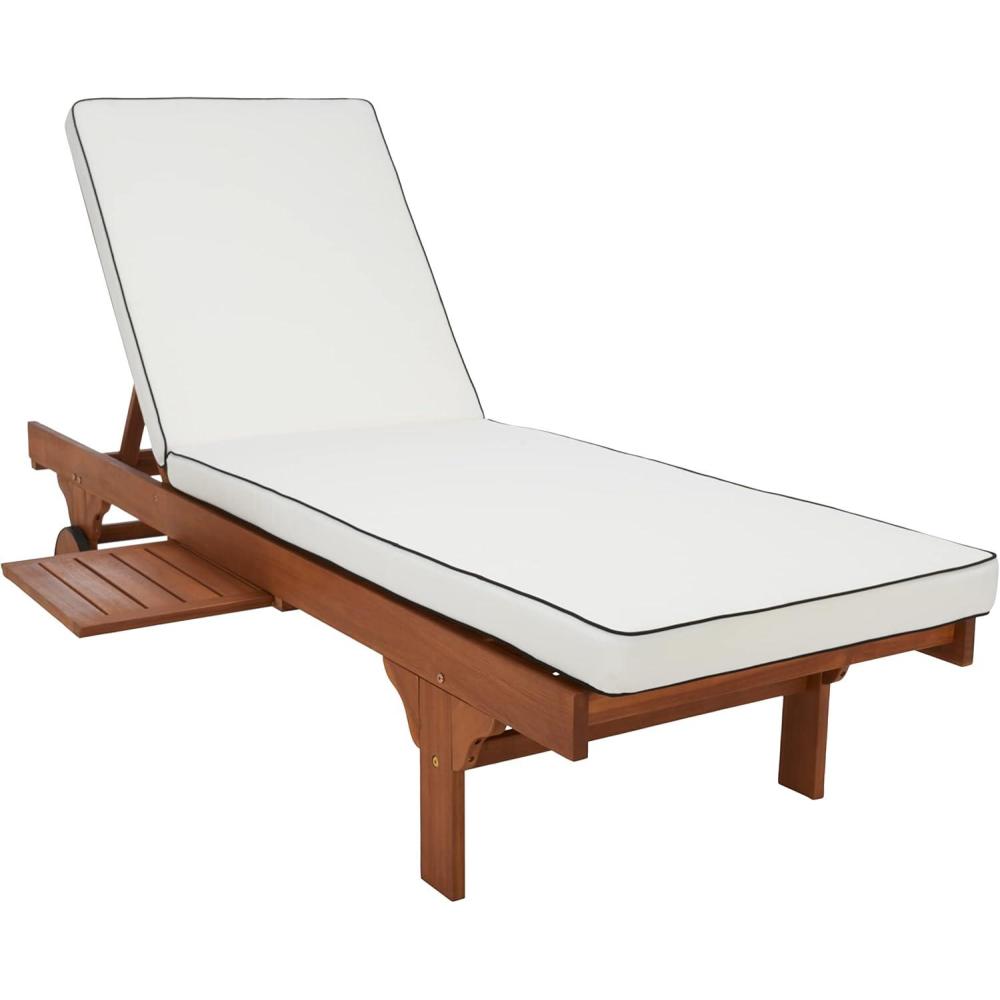 image:imageSAFAVIEH Outdoor Collection Newport NaturalBeige Cushion Black Piping Chaise Lounge Chair with Side TableNaturalBeige