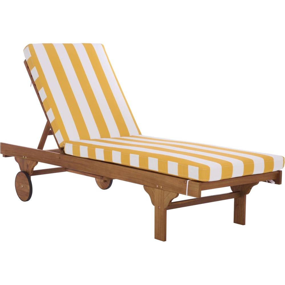image:imageSAFAVIEH Outdoor Collection Newport NaturalBeige Cushion Black Piping Chaise Lounge Chair with Side TableNaturalYellow Stripe