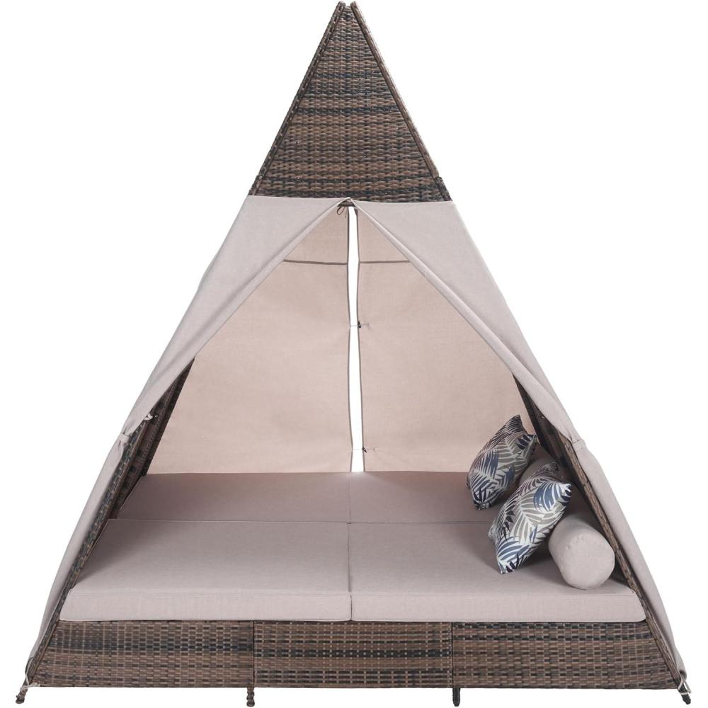 image:imageSAFAVIEH Outdoor Patio Furniture Collection Bongo Grey amp Light Grey Wicker Outdoor Daybed with Canopy Modern Pyramid Design PAT7736BGreyLight Grey