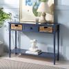 SAFAVIEH Home Collection – Christa Entryway Console Table, Blue Solid Wood 3-Drawer Storage Sofa Table with Rattan Baskets (AMH5737H)(Blue)