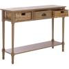 SAFAVIEH Home Collection – Christa Entryway Console Table, Blue Solid Wood 3-Drawer Storage Sofa Table with Rattan Baskets (AMH5737H)(Desert Brown)