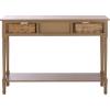 SAFAVIEH Home Collection – Christa Entryway Console Table, Blue Solid Wood 3-Drawer Storage Sofa Table with Rattan Baskets (AMH5737H)(Desert Brown)