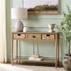 SAFAVIEH Home Collection – Christa Entryway Console Table, Blue Solid Wood 3-Drawer Storage Sofa Table with Rattan Baskets (AMH5737H)(Desert Brown)