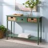 SAFAVIEH Home Collection – Christa Entryway Console Table, Blue Solid Wood 3-Drawer Storage Sofa Table with Rattan Baskets (AMH5737H)(Dusty Green)