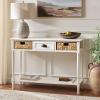 SAFAVIEH Home Collection – Christa Entryway Console Table, Blue Solid Wood 3-Drawer Storage Sofa Table with Rattan Baskets (AMH5737H)(Ivory)