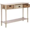 SAFAVIEH Home Collection – Christa Entryway Console Table, Blue Solid Wood 3-Drawer Storage Sofa Table with Rattan Baskets (AMH5737H)(Sand)