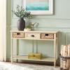 SAFAVIEH Home Collection – Christa Entryway Console Table, Blue Solid Wood 3-Drawer Storage Sofa Table with Rattan Baskets (AMH5737H)(Sand)