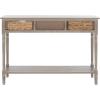 SAFAVIEH Home Collection – Christa Entryway Console Table, Blue Solid Wood 3-Drawer Storage Sofa Table with Rattan Baskets (AMH5737H)(White Washed)