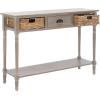 SAFAVIEH Home Collection – Christa Entryway Console Table, Blue Solid Wood 3-Drawer Storage Sofa Table with Rattan Baskets (AMH5737H)(White Washed)