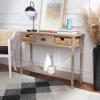 SAFAVIEH Home Collection – Christa Entryway Console Table, Blue Solid Wood 3-Drawer Storage Sofa Table with Rattan Baskets (AMH5737H)(White Washed)