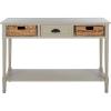 SAFAVIEH Home Collection – Christa Entryway Console Table, Blue Solid Wood 3-Drawer Storage Sofa Table with Rattan Baskets (AMH5737H)(Vintage Grey)