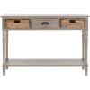 SAFAVIEH Home Collection – Christa Entryway Console Table, Blue Solid Wood 3-Drawer Storage Sofa Table with Rattan Baskets (AMH5737H)(White Washed)