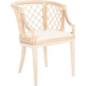 SAFAVIEH Home Collection – Carlotta Natural Rattan Arm Chair with White Cotton Cushion, Coastal Bistro Accent Chair for Dining, Living Room, Bedroom or Office (SEA4013B)(Natural/White Washed)