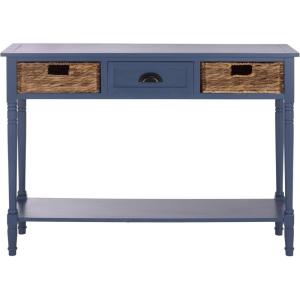SAFAVIEH Home Collection – Christa Entryway Console Table, Blue Solid Wood 3-Drawer Storage Sofa Table with Rattan Baskets (AMH5737H)(Blue)