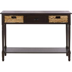 SAFAVIEH Home Collection – Christa Entryway Console Table, Blue Solid Wood 3-Drawer Storage Sofa Table with Rattan Baskets (AMH5737H)(Dark Chocolate)