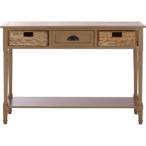 SAFAVIEH Home Collection – Christa Entryway Console Table, Blue Solid Wood 3-Drawer Storage Sofa Table with Rattan Baskets (AMH5737H)(Desert Brown)