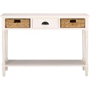 SAFAVIEH Home Collection – Christa Entryway Console Table, Blue Solid Wood 3-Drawer Storage Sofa Table with Rattan Baskets (AMH5737H)(Ivory)