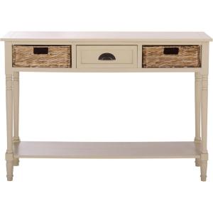 SAFAVIEH Home Collection – Christa Entryway Console Table, Blue Solid Wood 3-Drawer Storage Sofa Table with Rattan Baskets (AMH5737H)(Sand)