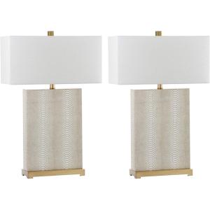 SAFAVIEH Lighting Collection – Set of 2 Joyce Modern Art Deco Faux Snakeskin Table Lamps, Cream with Brass Gold Accents, 28-Inch, LED Bulbs Included, Bedroom Living Room Home Office (LIT4402G-SET2)(Cream Faux Snakeskin – Set of 2)