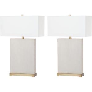 SAFAVIEH Lighting Collection – Set of 2 Joyce Modern Art Deco Faux Snakeskin Table Lamps, Cream with Brass Gold Accents, 28-Inch, LED Bulbs Included, Bedroom Living Room Home Office (LIT4402G-SET2)(Cream Woven – Set of 2)