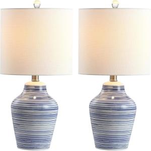 SAFAVIEH Lighting Collection Maxton White/ Blue Stripe 21-inch Bedroom Living Room Home Office Desk Nightstand Table Lamp Set of 2 (LED Bulbs Included)