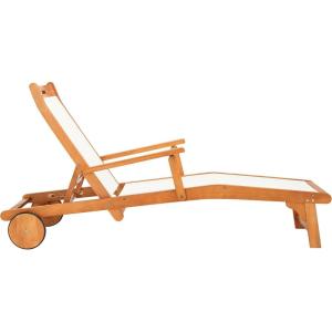 SAFAVIEH Outdoor Collection Kamson Natural Brown Solid Wood/Beige Fabric Adjustable Chaise Lounge Chair (PAT7071A)(Natural / Beige)