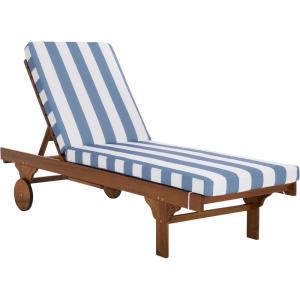 SAFAVIEH Outdoor Collection Newport Natural/Beige Cushion Black Piping Chaise Lounge Chair with Side Table(Natural/Baby Blue Stripe)