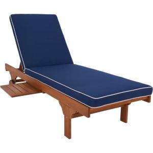 SAFAVIEH Outdoor Collection Newport Natural/Beige Cushion Black Piping Chaise Lounge Chair with Side Table(Natural/Navy)