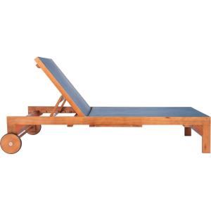 SAFAVIEH Outdoor Collection Ralden Natural Brown Solid Wood/Beige Fabric Adjustable Chaise Lounge Chair (PAT7070A)(Natural / Navy)