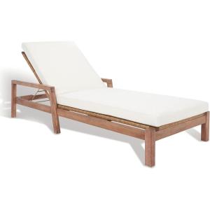 SAFAVIEH Outdoor Couture Collection Donnamaria Natural Solid Wood/White Cushion Wicker Chaise Lounge Chair (CPT1027A)(Natural/White)