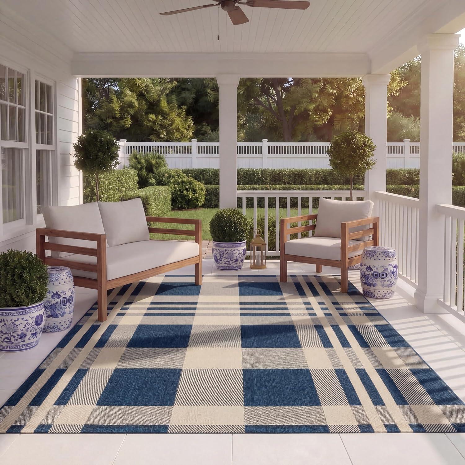image:imageSAFAVIEH Washable Rug Outdoor Courtyard Collection 6 x 8 Red amp Bone Plaid Pattern NonShedding amp Easy Cleaning Ideal for Patio Entryway Mudroom Hallway Kitchen CY6201238NavyBeige