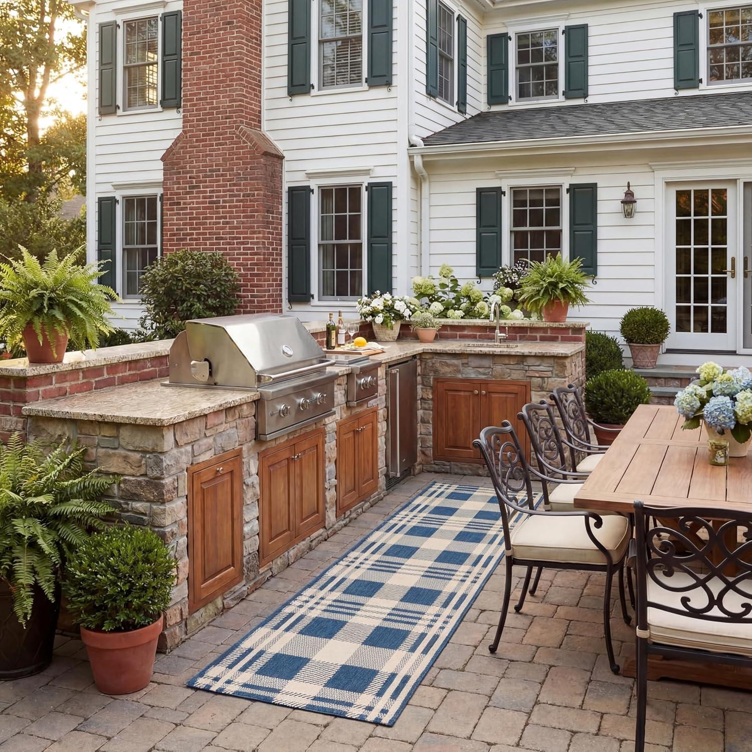 image:imageSAFAVIEH Washable Rug Outdoor Courtyard Collection 6 x 8 Red amp Bone Plaid Pattern NonShedding amp Easy Cleaning Ideal for Patio Entryway Mudroom Hallway Kitchen CY6201238NavyBeige