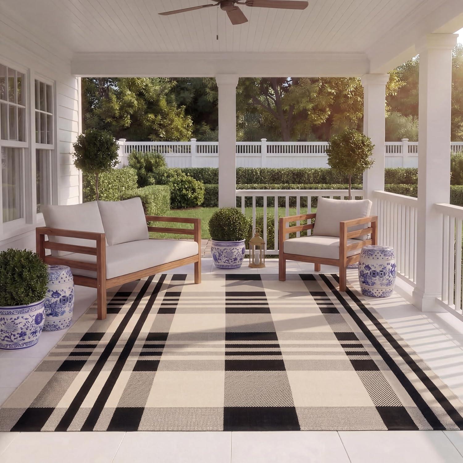 image:imageSAFAVIEH Washable Rug Outdoor Courtyard Collection 6 x 8 Red amp Bone Plaid Pattern NonShedding amp Easy Cleaning Ideal for Patio Entryway Mudroom Hallway Kitchen CY6201238BlackBone